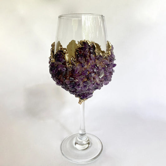 Set of 2 |Crystal Wine Glasses with Gold Plated Purple Amethyst Agate/Quartz Semi-precious Crystals | 16 oz/465 ml