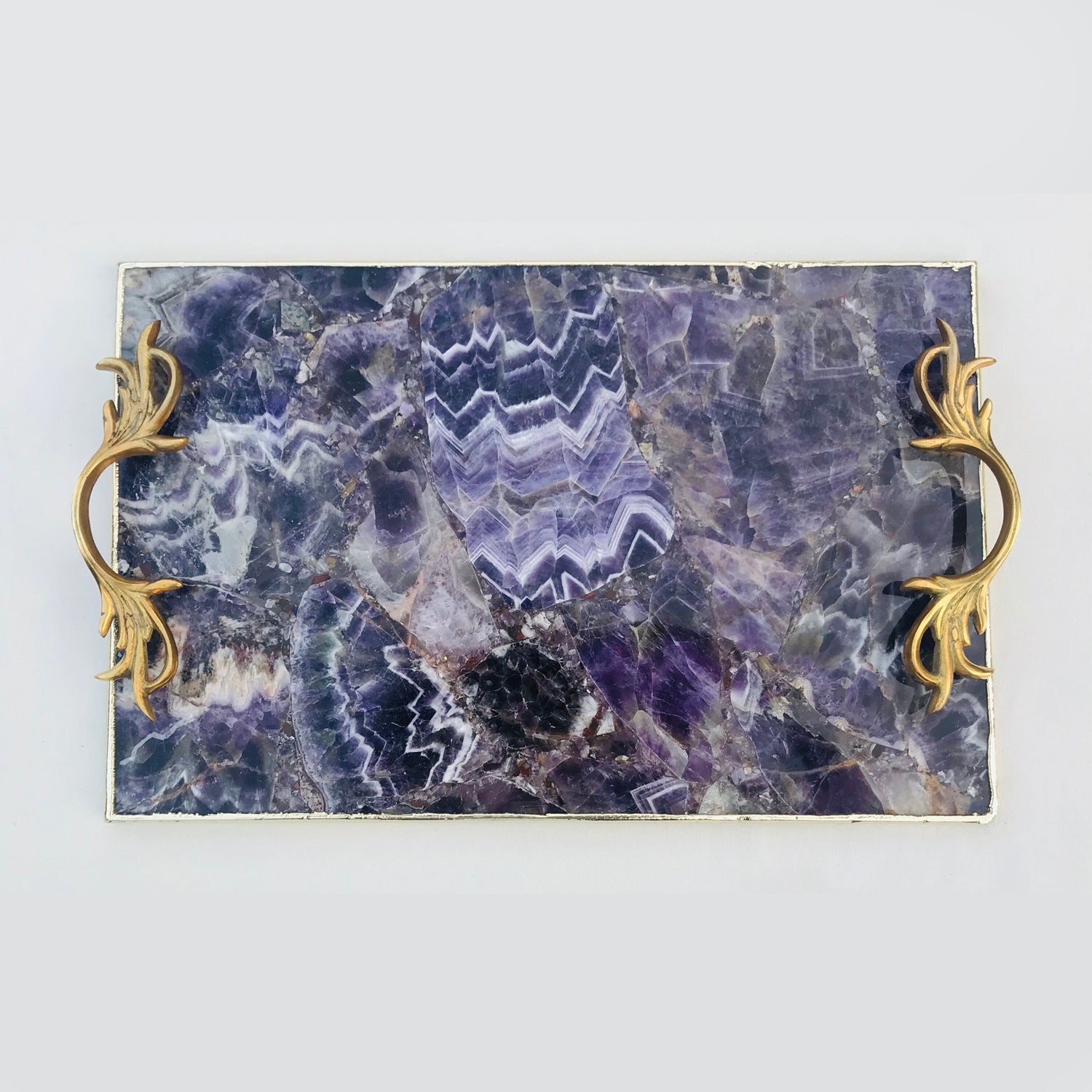 Wild Agate Serving Tray With Brass outlets Handles