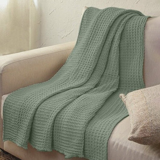 Sage Green - Waffle Weave Throw Blanket | Super Soft | Pre-Washed | Pure Linen, Linen Cotton Mix or Pure Cotton Fabric