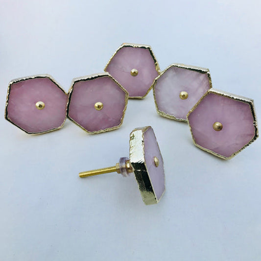 Set of 6 Rose Quartz Hexagon Agate Classic Vintage Finish Cabinet Drawer Pull Wardrobe Dresser Interior Decorative Handle