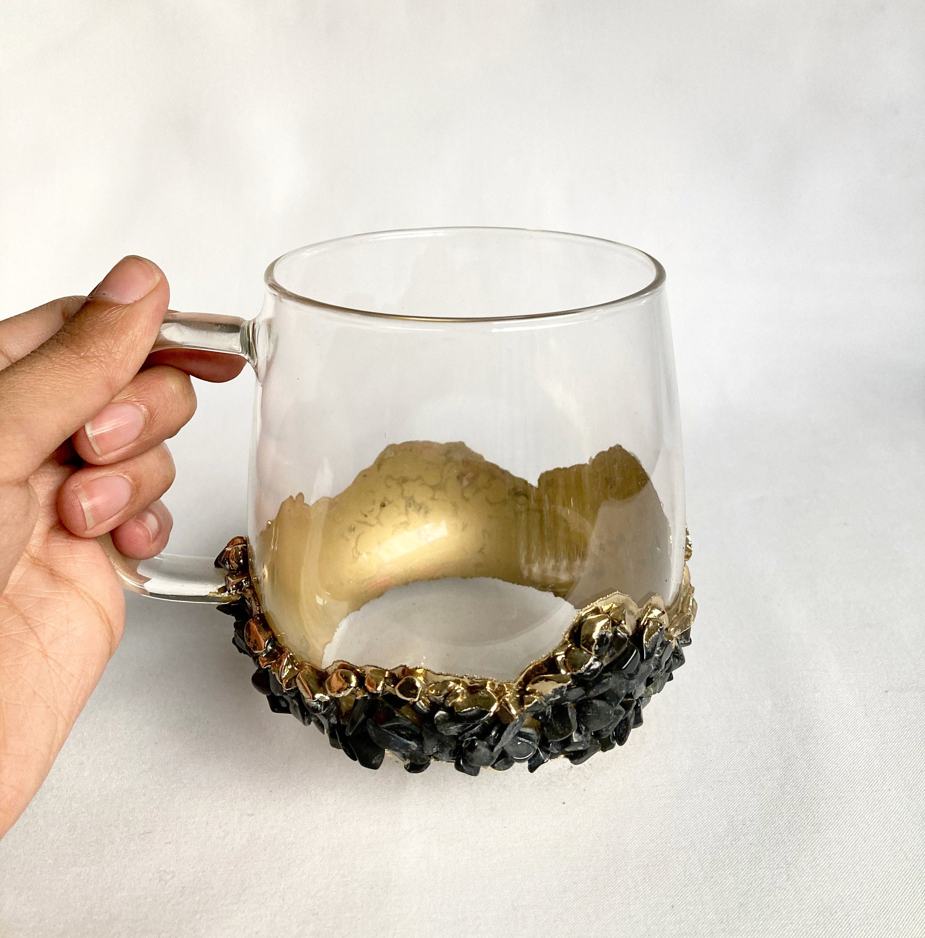 Set of 2 |Crystal Glass Coffee/Tea/Juice Mugs with Gold Plated Black Agate/Quartz Semi-precious Crystals | hot 17 oz/500 ml