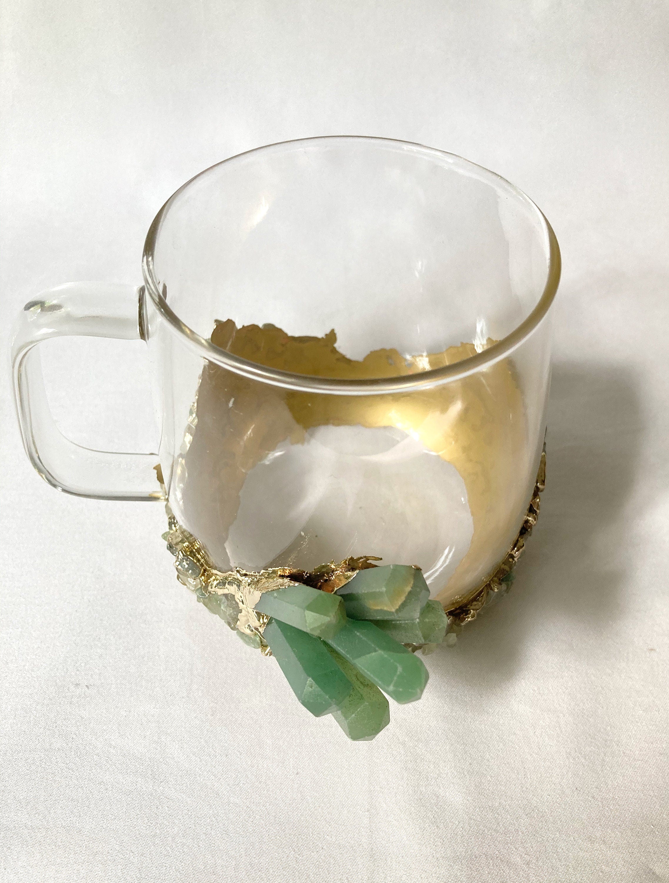 Set of 2 |Crystal Glass Coffee/Tea/Juice Mugs with Gold Plated Black Agate/Quartz Semi-precious Crystals | hot 17 oz/500 ml